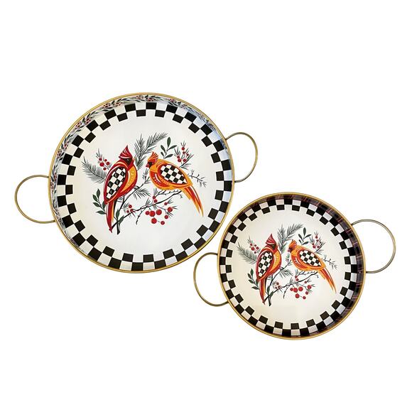 Mackenzie Child's Holiday Cardinal Round Metal Serving Trays, Set of 2 New - Picture 9 of 16